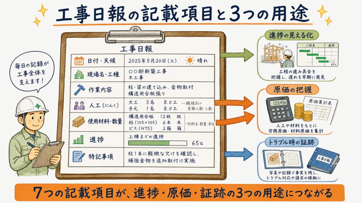 工事日報の基本記載項目と用途(進捗・原価・証跡)の全体像