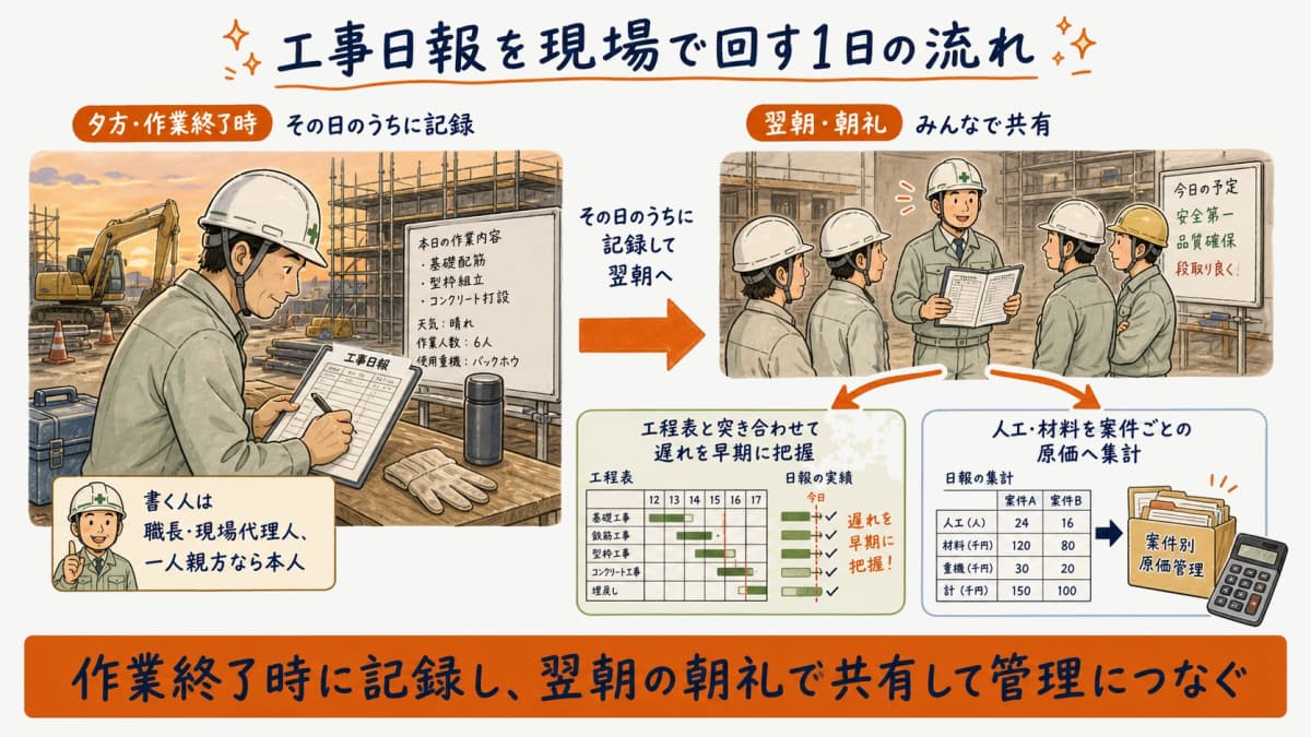 工事日報を現場で回す流れ(作業終了時に記録し翌朝に共有)