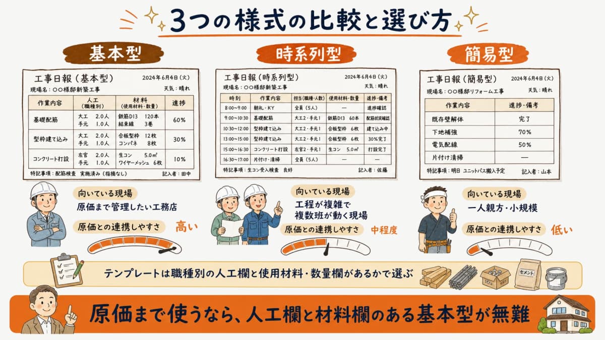 工事日報の3様式(基本型・時系列型・簡易型)の比較