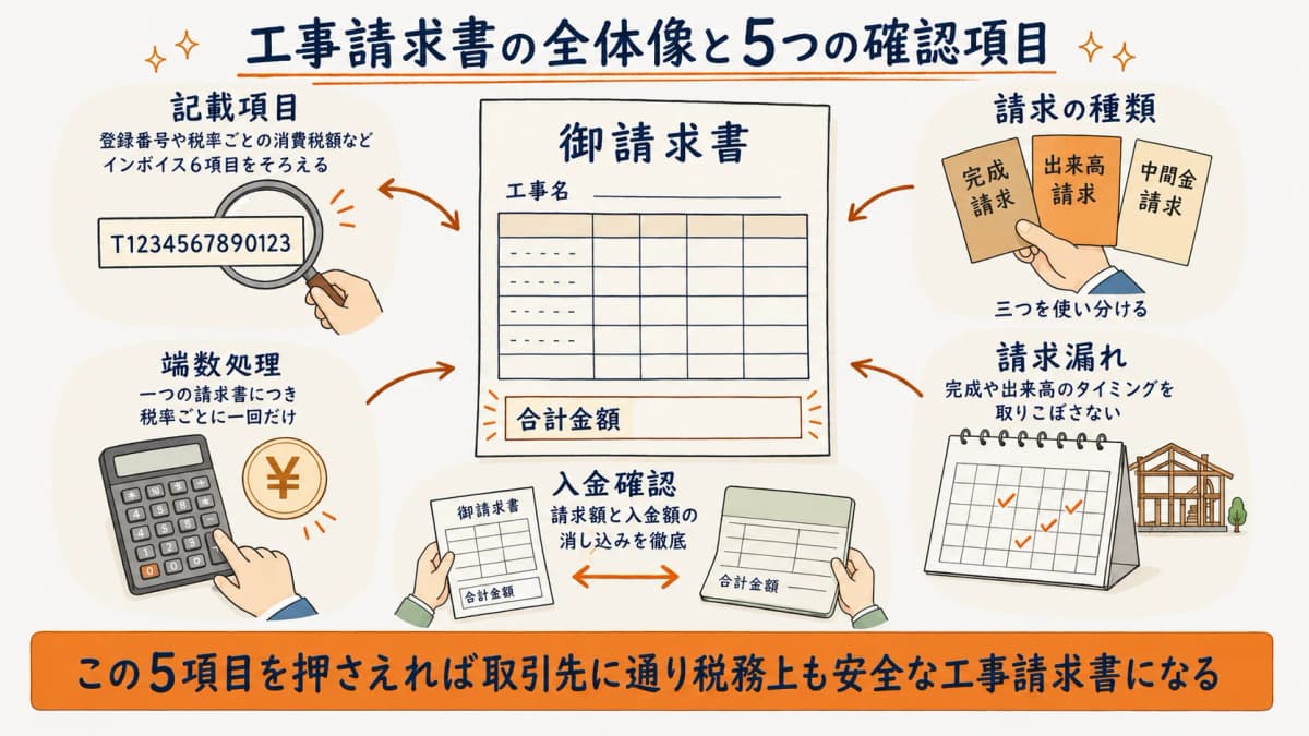 工事請求書の全体像と確認項目を示す図
