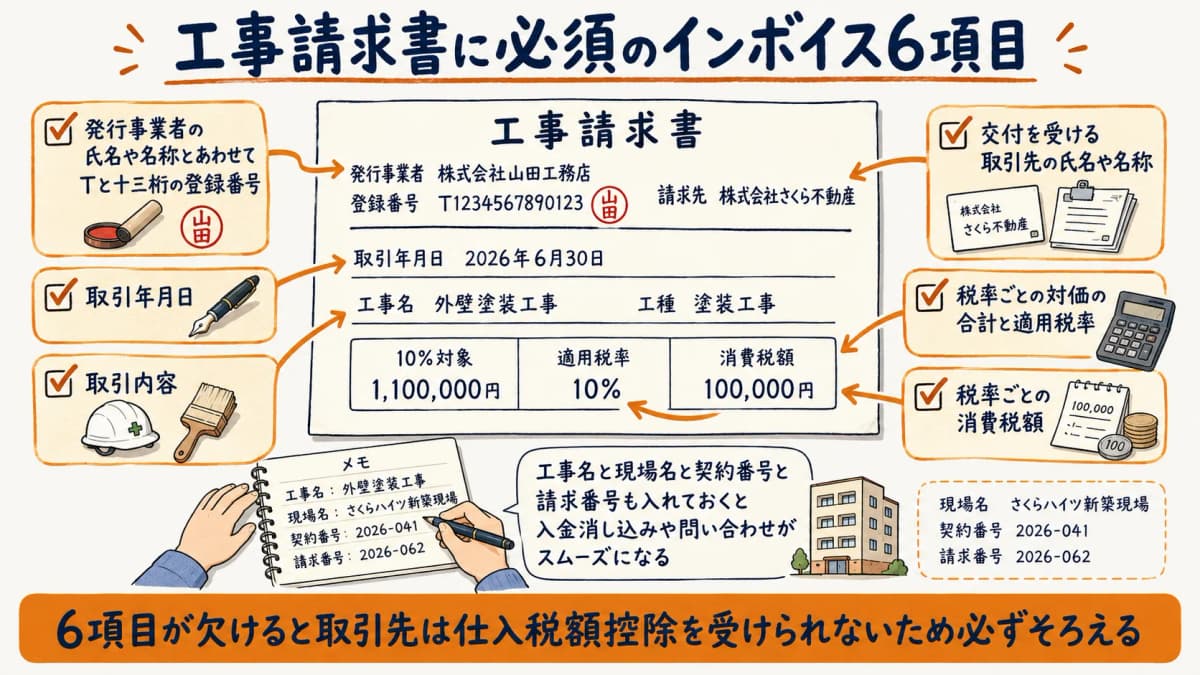 インボイス6項目を記載した工事請求書の記載例