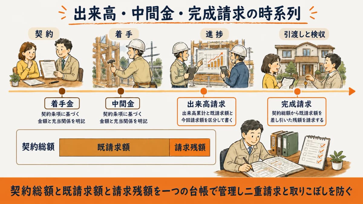 出来高・中間金・完成請求の関係を時系列で示した図