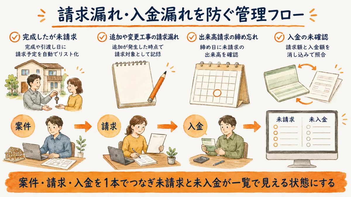 請求漏れと入金漏れを防ぐ管理フローを示す図