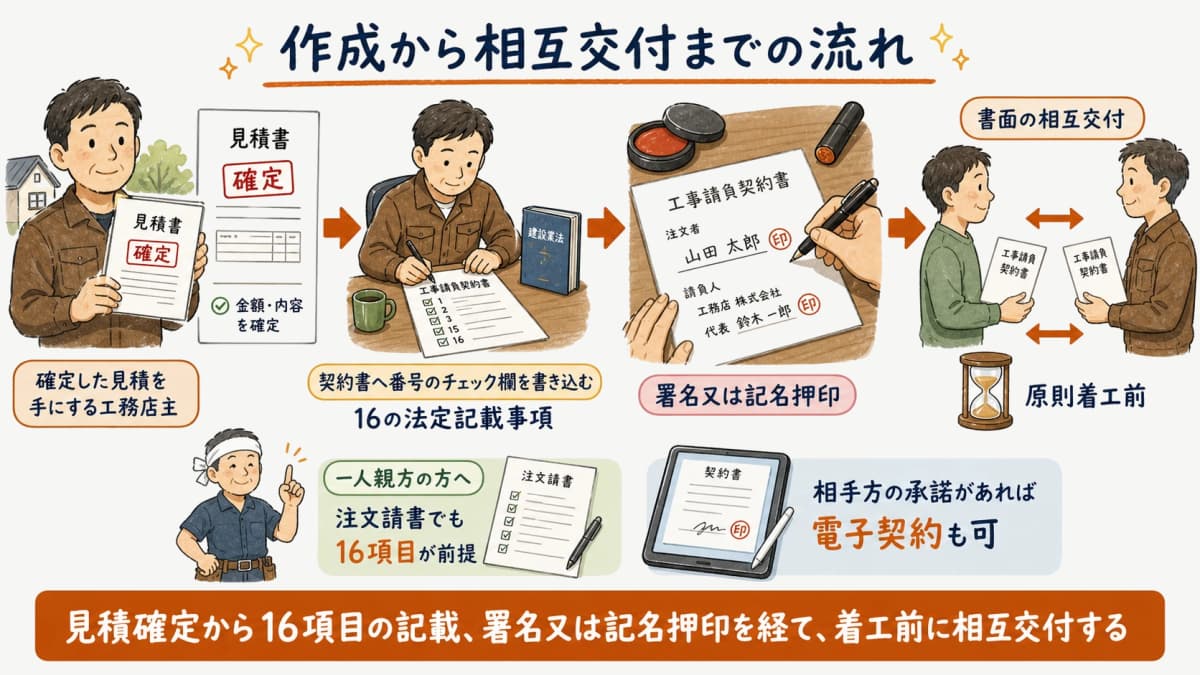 工事請負契約書の作成から相互交付までの流れ