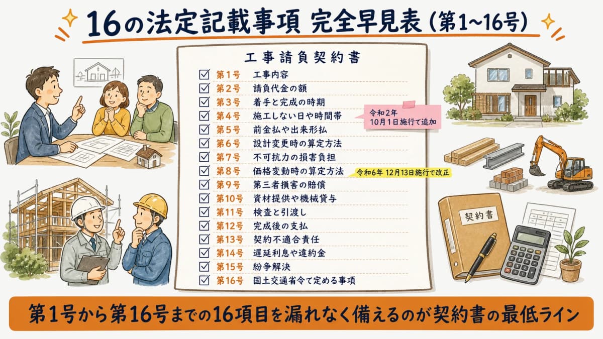 建設業法第19条第1項16の法定記載事項を一覧化した早見表