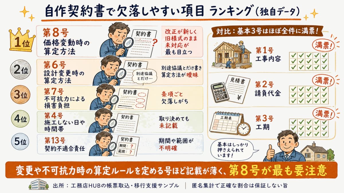 自作契約書で欠落しやすい法定記載事項の傾向を示すランキング図