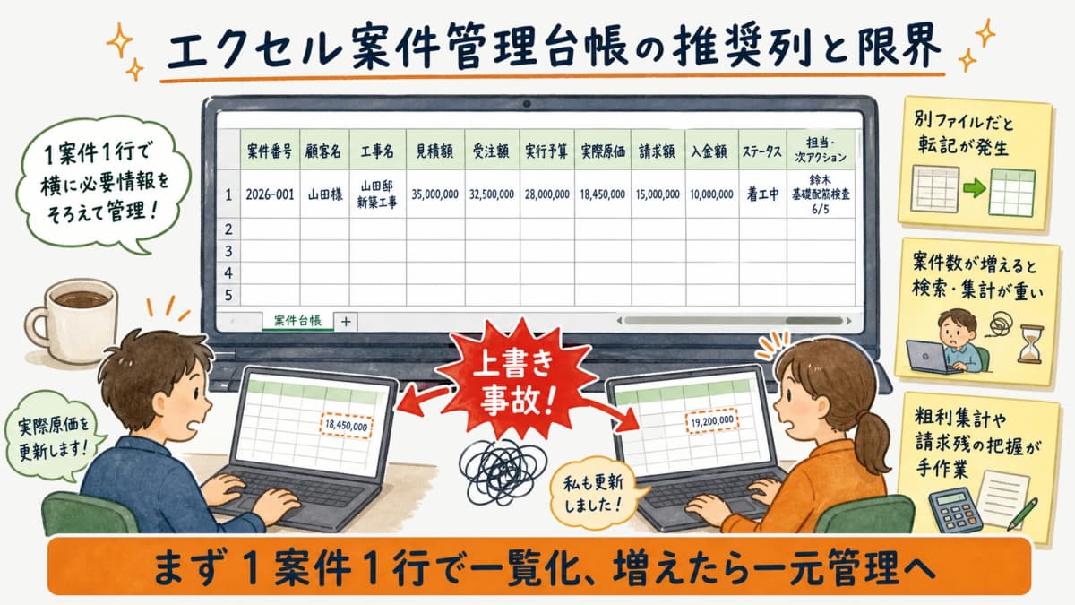 工務店の案件管理台帳をエクセルで作る際の推奨列と同時編集の限界