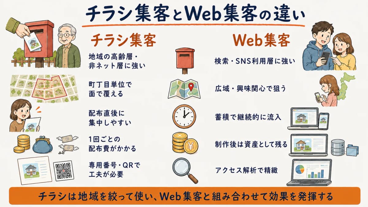 工務店のチラシ集客とWeb集客の違いを示した図