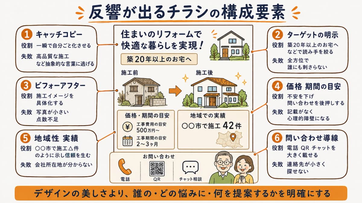 反響が出る工務店チラシの構成要素を並べたレイアウト図