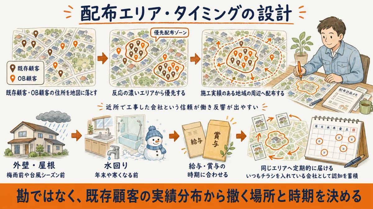 配布エリアを既存顧客の分布から設計する手順を示した地図イメージ図