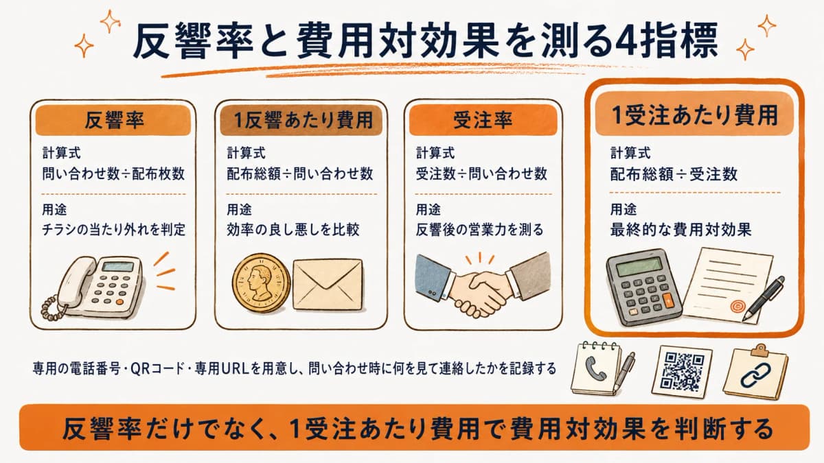 チラシの反響率と費用対効果を測る4指標を示した図