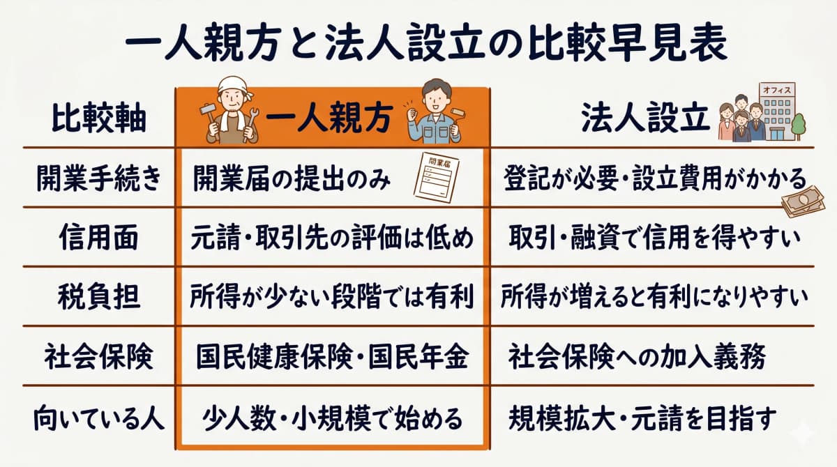 一人親方と法人設立の比較