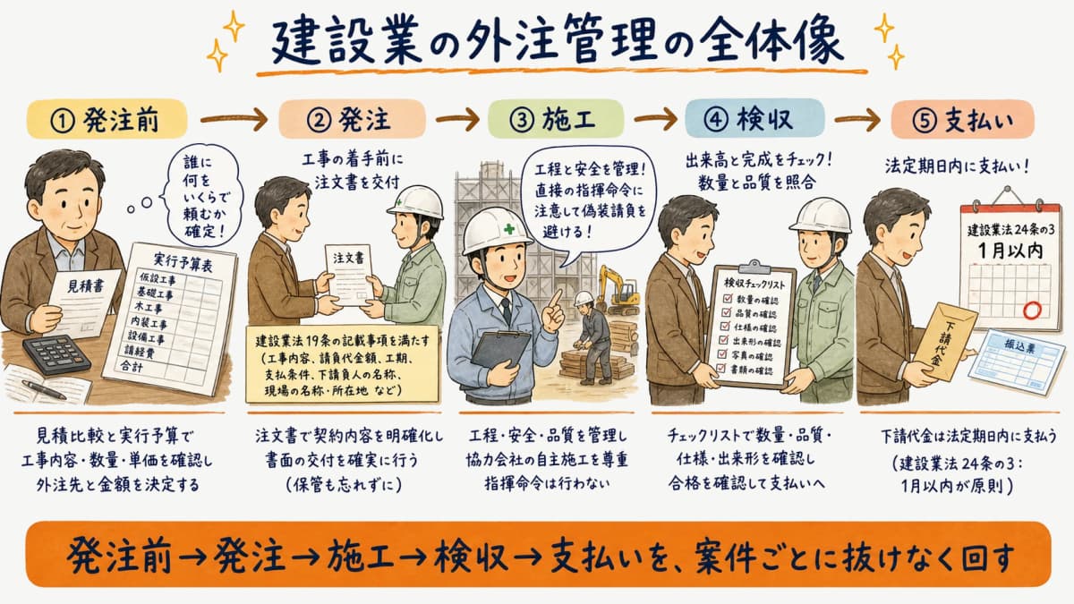 建設業の外注管理の全体像(発注・注文書交付・検収・下請代金支払いの流れ)