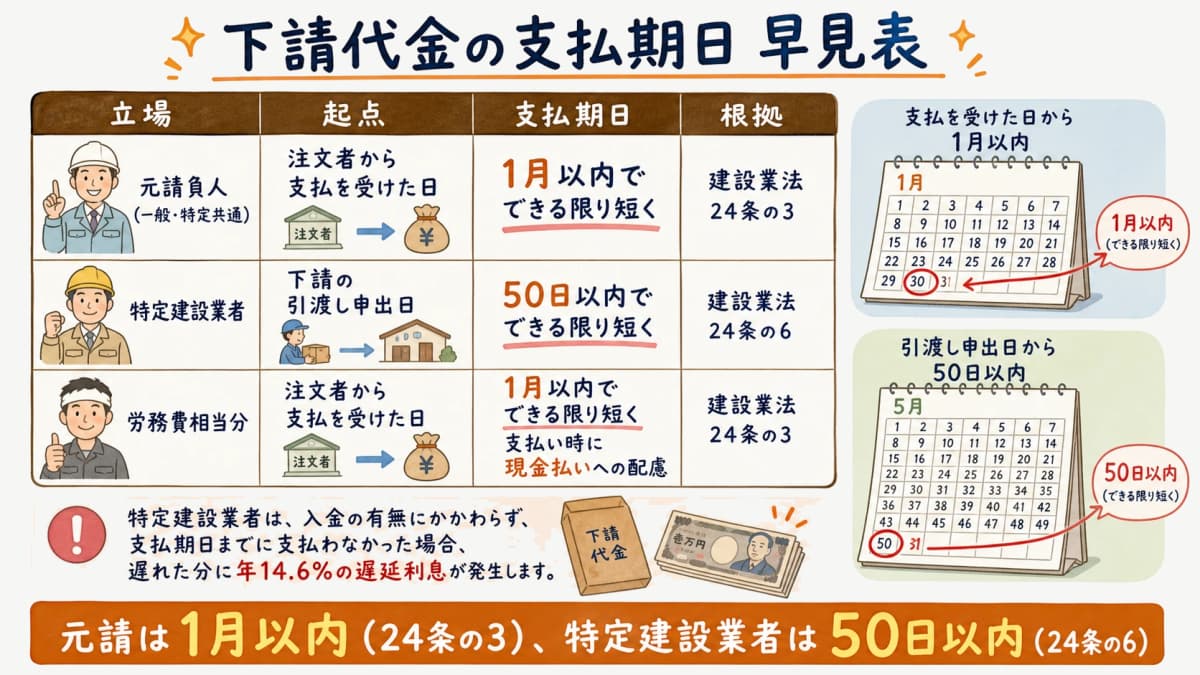 下請代金の支払期日を示す早見表(24条の3の1月以内・24条の6の50日以内)