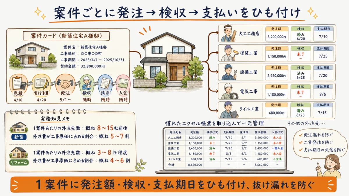 案件別に外注先ごとの発注額・検収・支払期日をひも付けて管理するイメージ