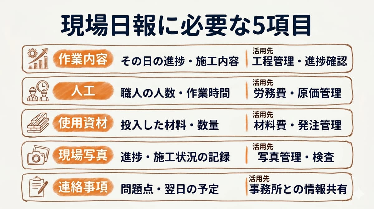 現場日報に必要な5つの基本項目