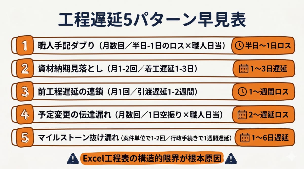 工程遅延5パターン早見表