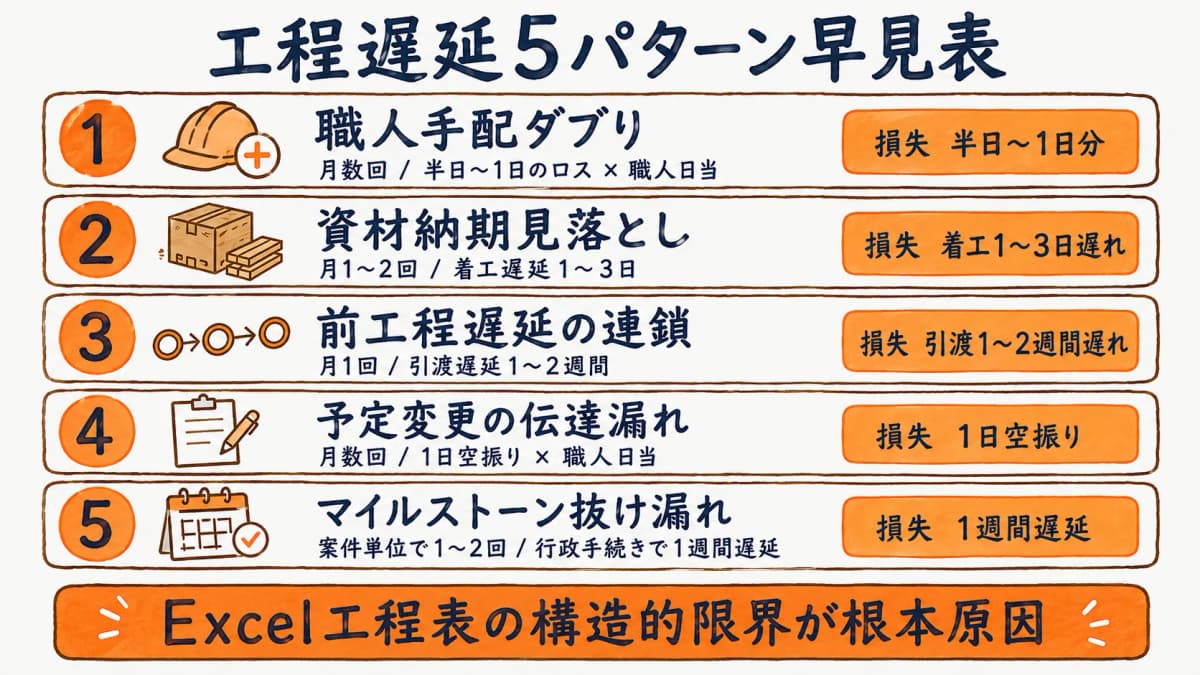 工程遅延5パターン早見表