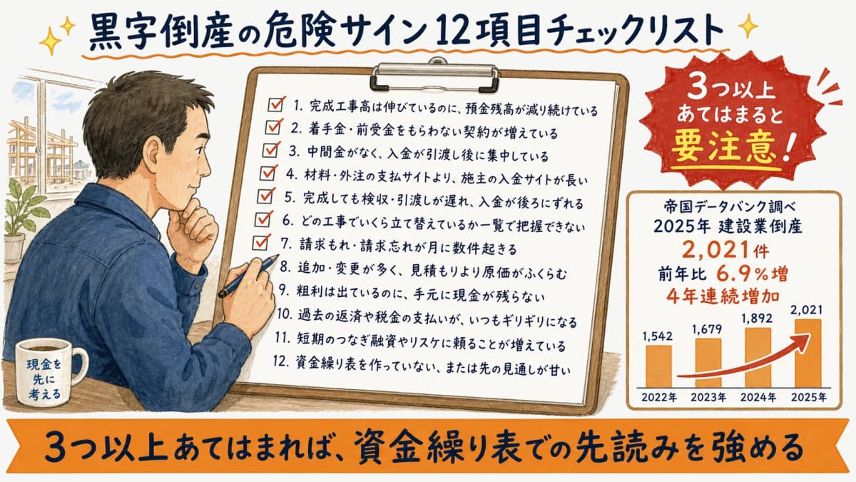 立替がふくらみ黒字倒産につながる危険サインをまとめたチェックリストの図