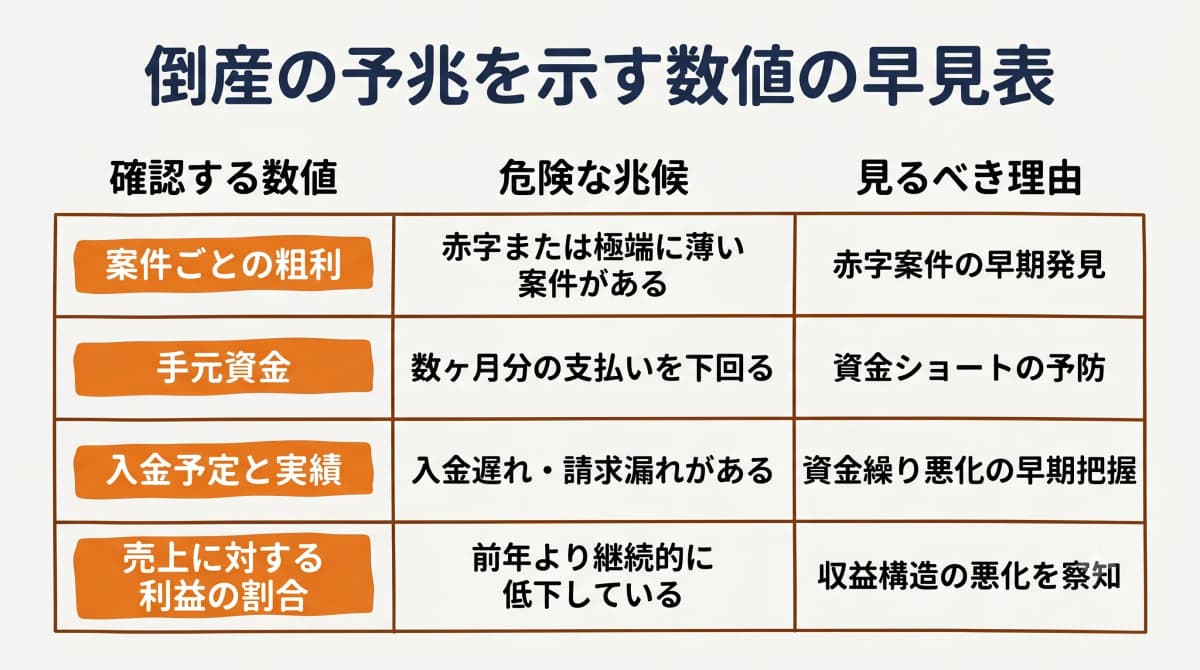 倒産の予兆を示す数値の早見表