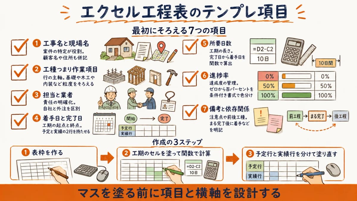 エクセル工程表のテンプレ項目