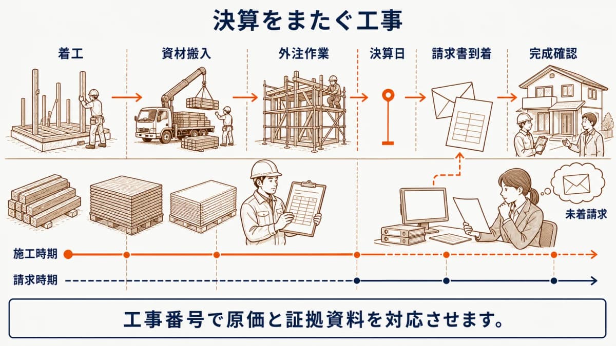 決算をまたぐ工事の原価と請求時期のずれ