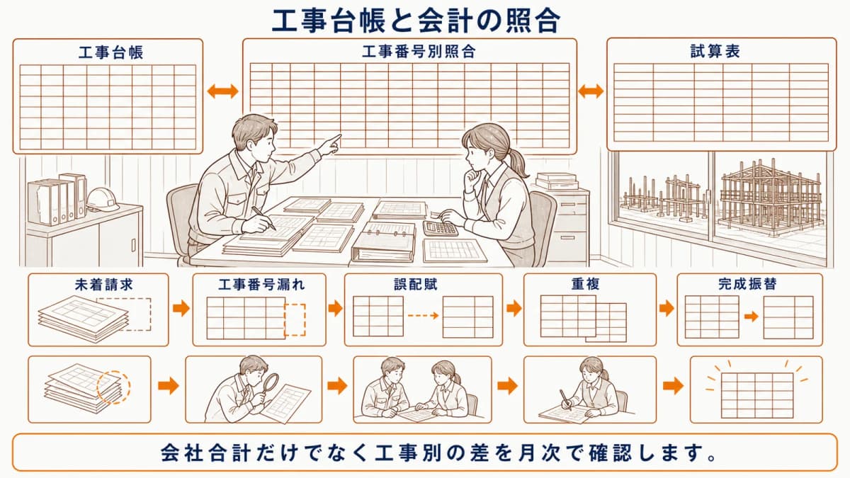 工事台帳と会計の合計を月次で照合する図