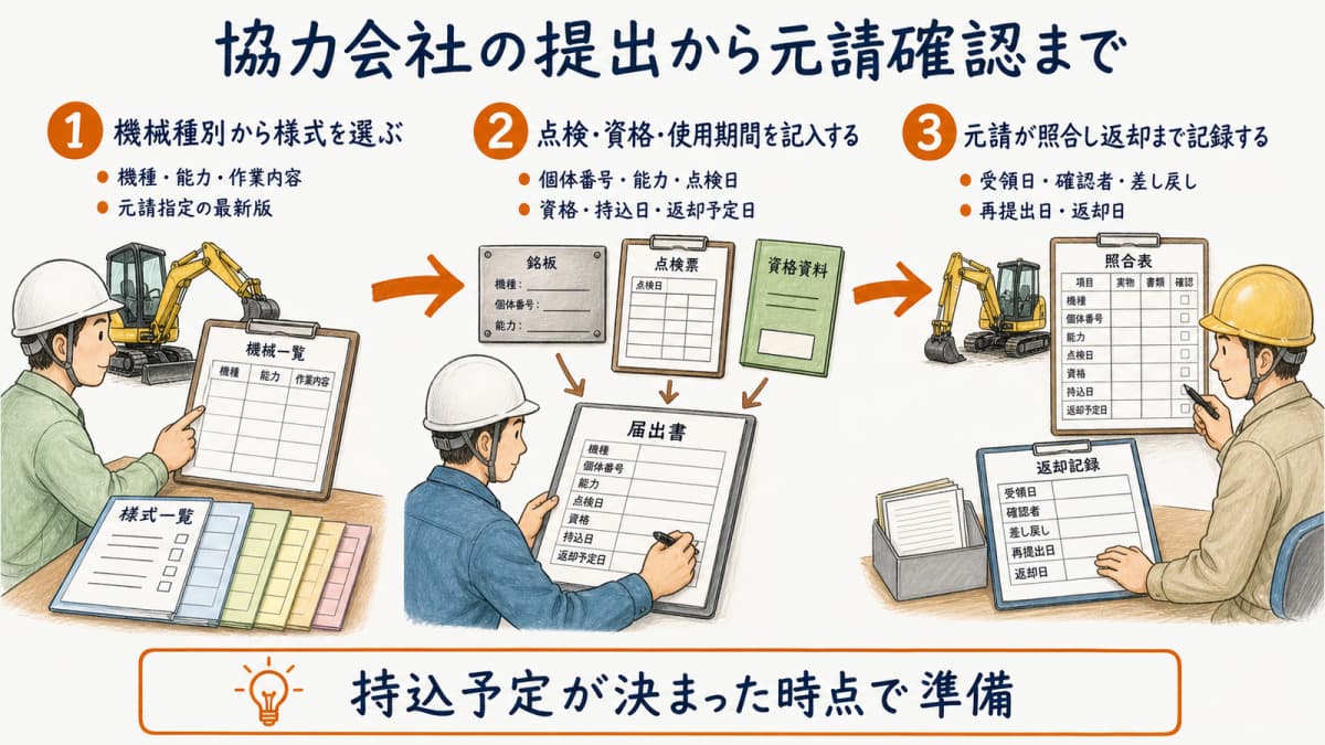 機械種別の判定から記入・元請照合・返却記録までの3ステップ