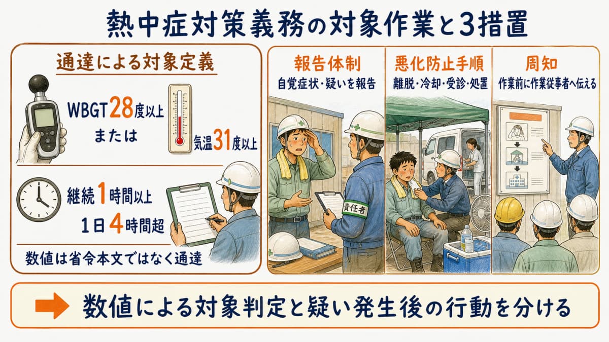 通達の数値と省令の3措置を分けた熱中症対象判定図