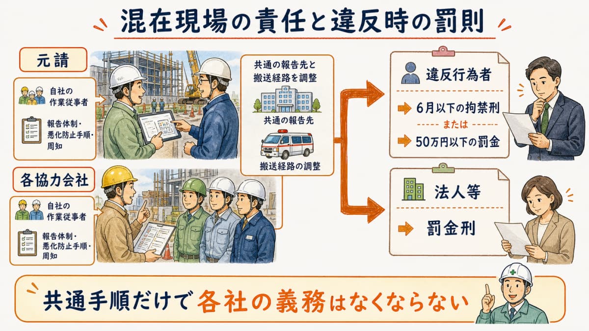 混在現場の各事業者から安衛法上の罰則までを示すチェーン図