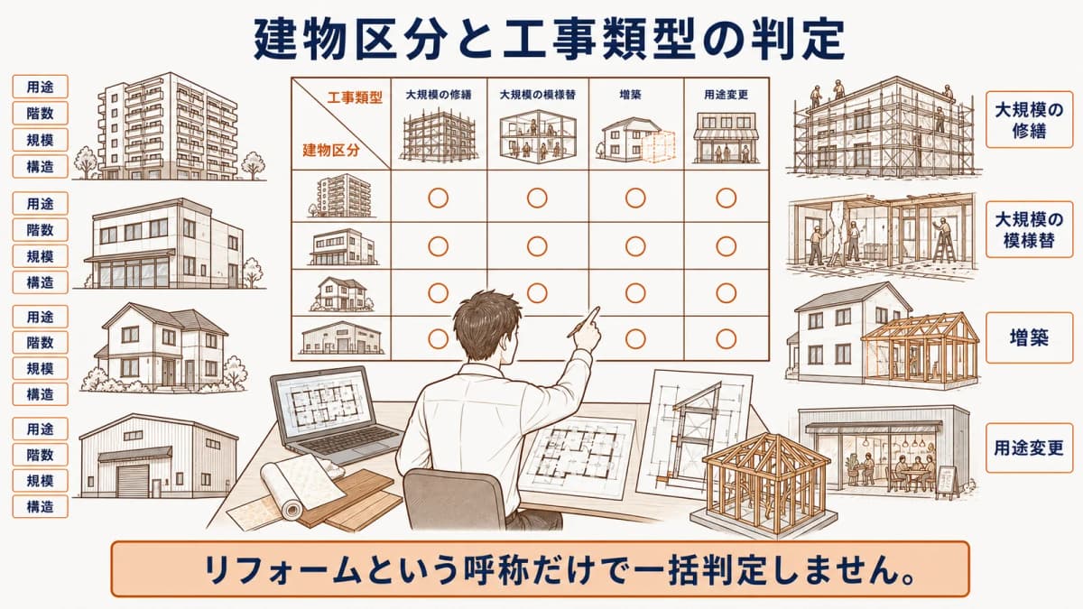 建物区分と工事類型を組み合わせる確認申請判定図