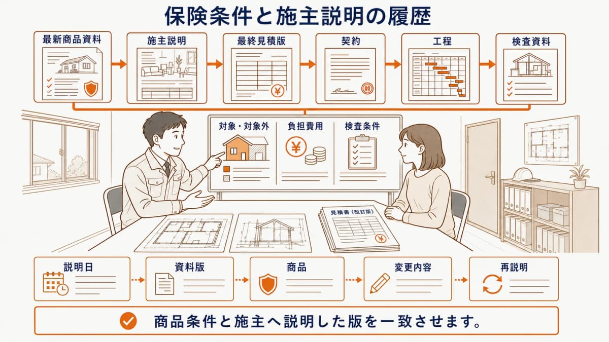 保険条件・施主説明・見積版・工程を対応させる図