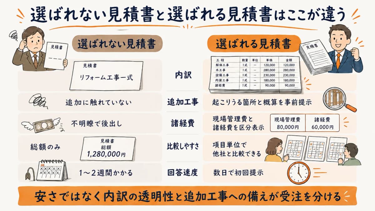リフォーム見積書で選ばれる書き方と選ばれない書き方の比較図