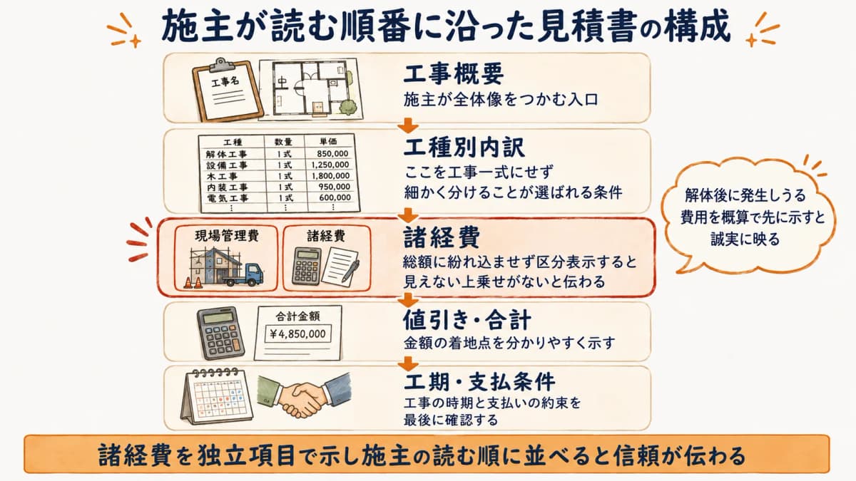 リフォーム見積書の記載順序を示した構成図