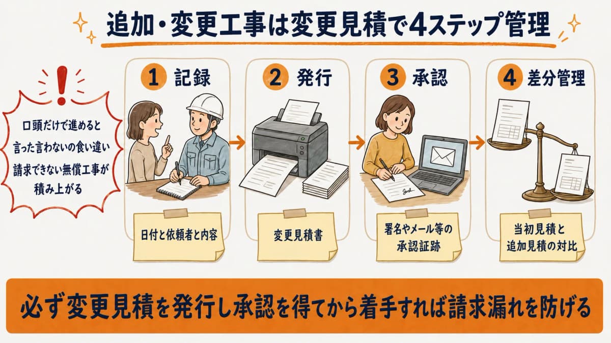追加・変更工事を変更見積で管理する4ステップの図
