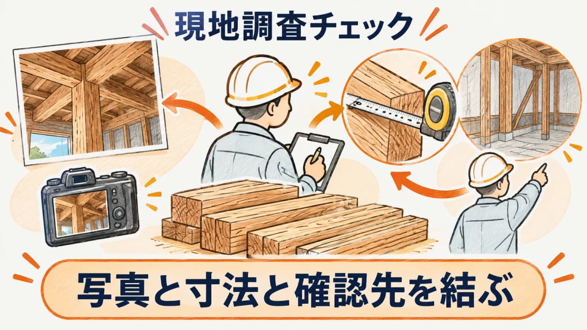写真寸法既存状況を結び付けて現地調査を記録する図
