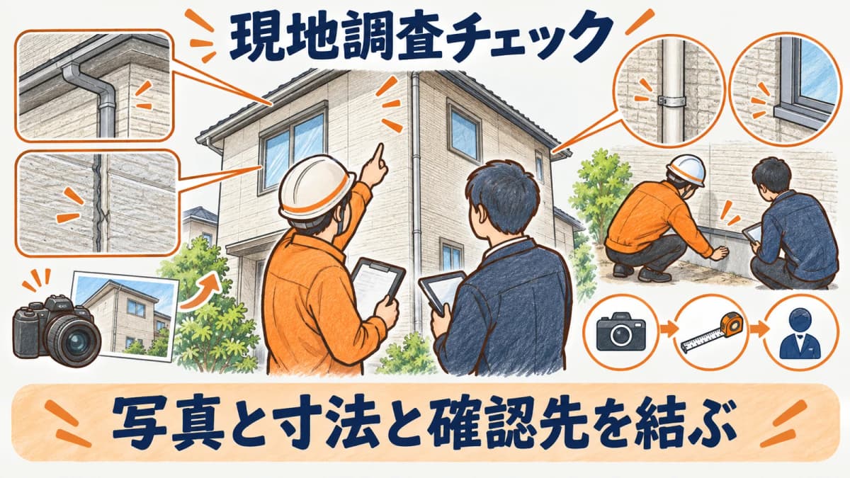 営業と工事で現地調査の見落としを確認する場面