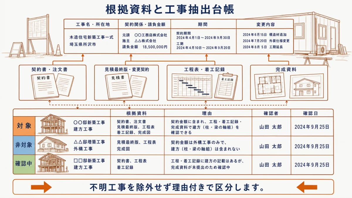 工事情報の転記元と対象・非対象・確認中の抽出台帳をまとめた図