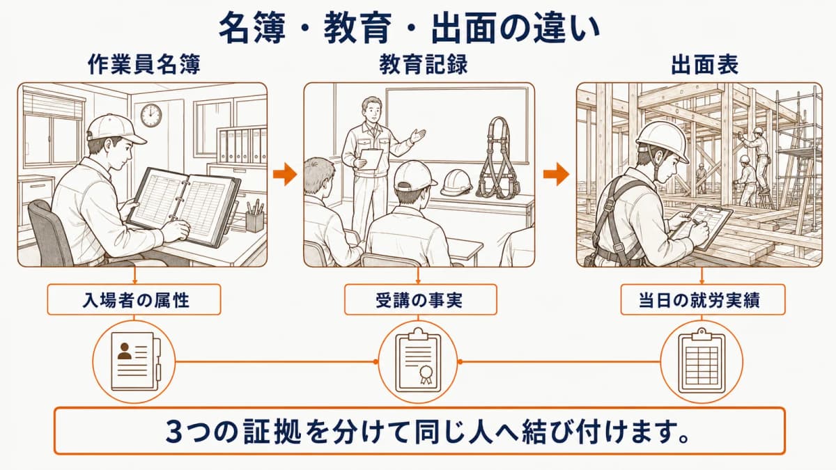 作業員名簿・教育記録・出面表の目的比較