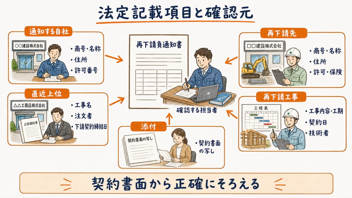 法定記載項目を案件・協力会社・契約情報へ対応させた図