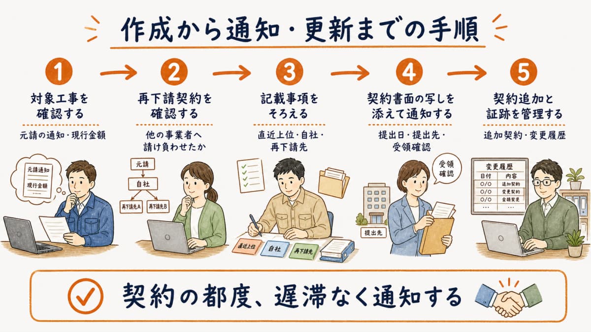再下請情報の収集から確認・通知・更新までを示す工程図