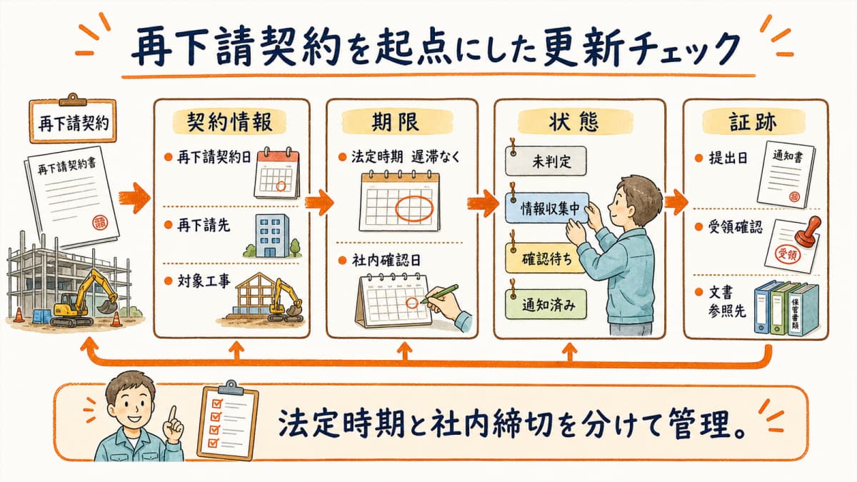 再下請契約を起点に通知要否・期限・証跡を更新するチェック表