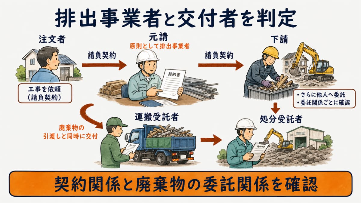 建設工事の請負関係から排出事業者と交付者を判定する図
