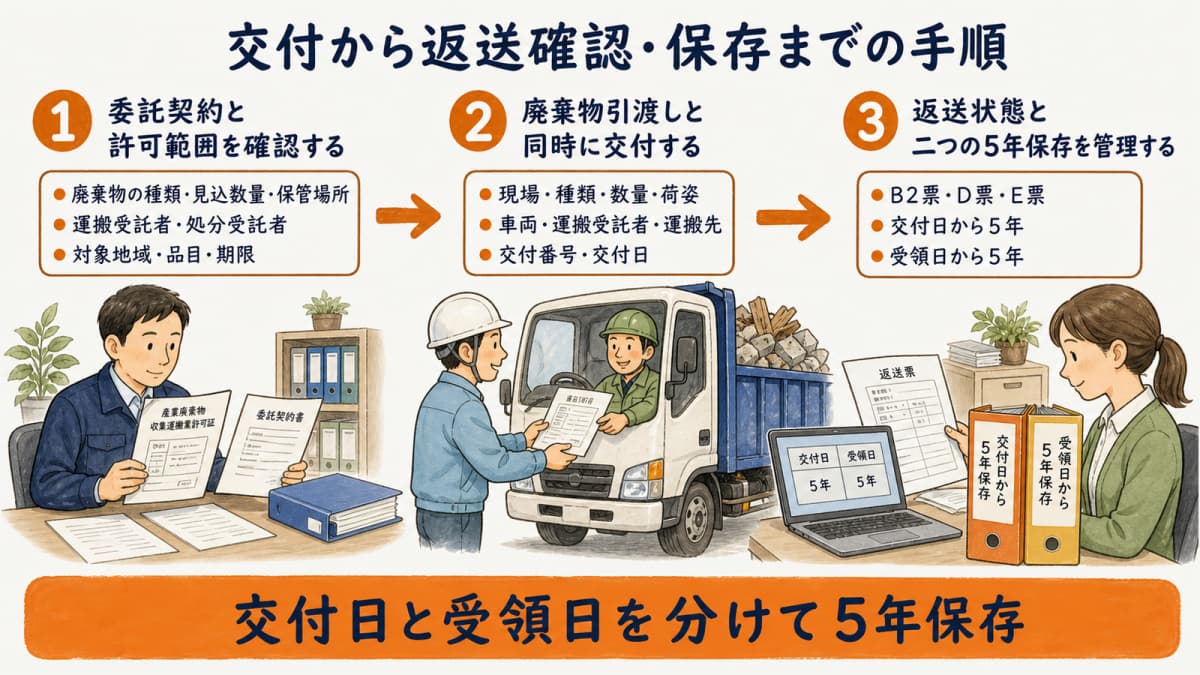 委託前確認・同時交付・返送確認と保存の3ステップ