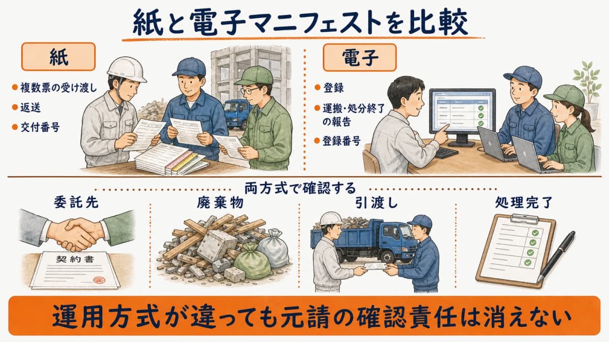 紙と電子の交付・登録・確認・保存を比べる表