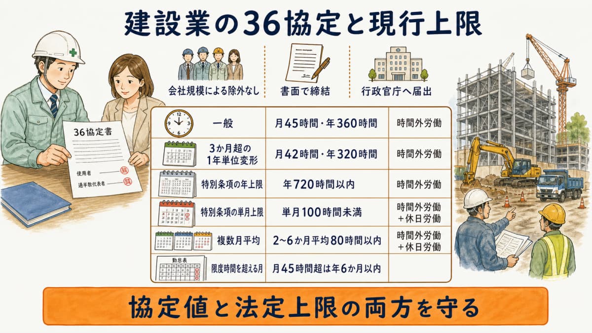 建設業の36協定における一般上限・特別条項・実績照合の早見図