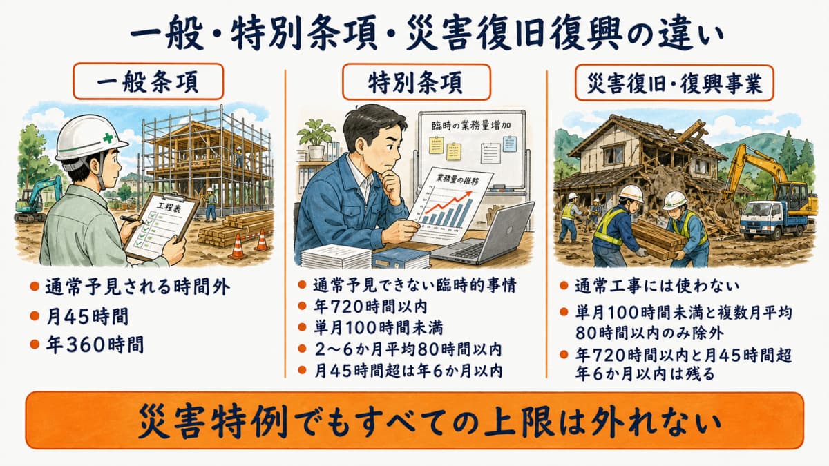 一般条項・特別条項・災害復旧復興事業の適用条件と残る上限の比較表