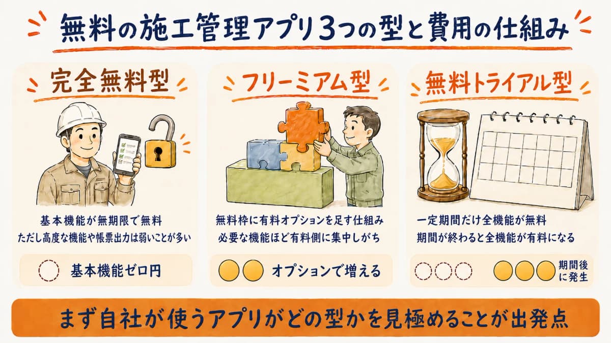 無料の施工管理アプリ3つの型と費用の仕組み