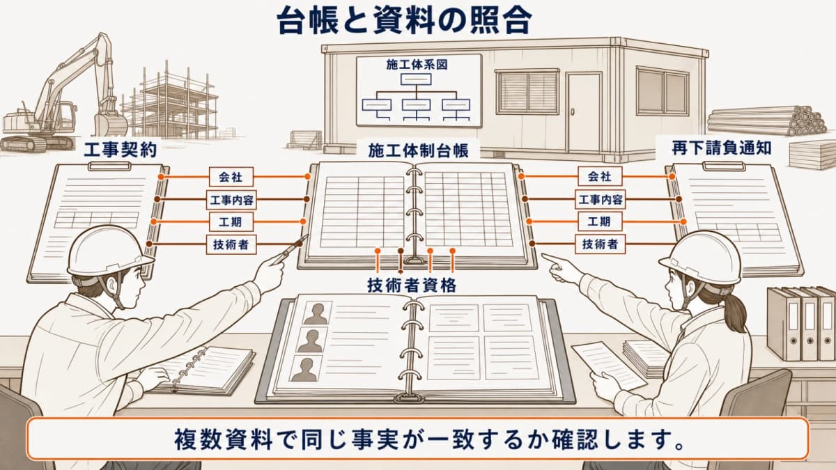 契約・再下請・技術者と台帳・施工体系図の照合図