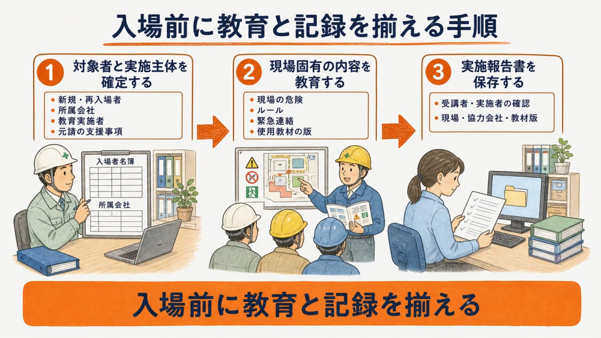 対象者確認から現場固有教育・報告書保存までの3ステップ
